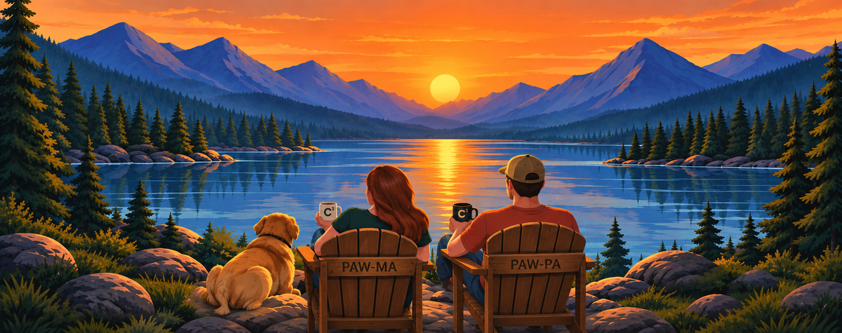 North Central Supply Co. desktop hero landscape with couple, dog, C3 mugs, and PAW-MA and PAW-PA Adirondack chairs