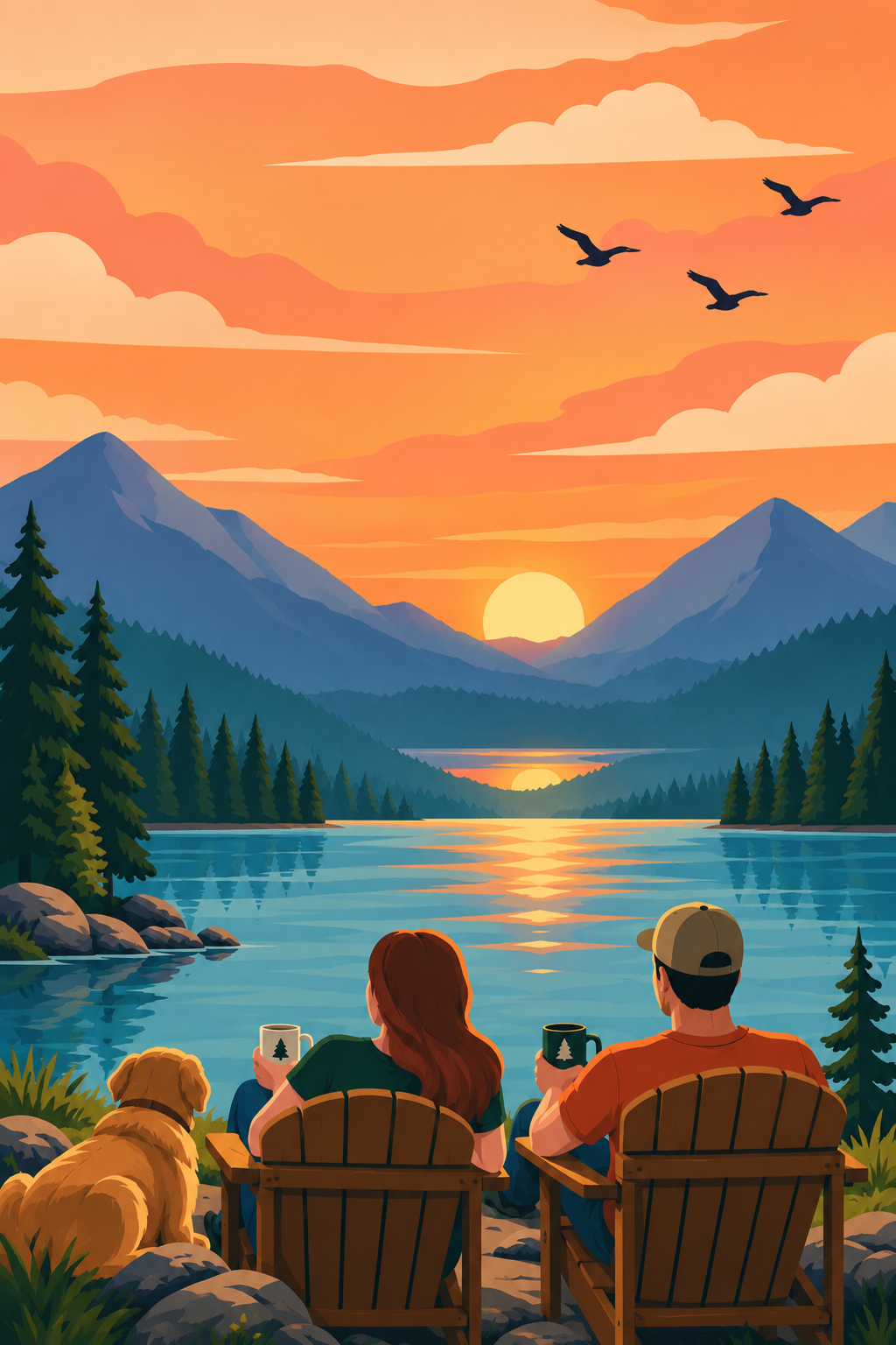 North Central Supply Co. mobile hero background with mountain lake, sunset, couple, and dog